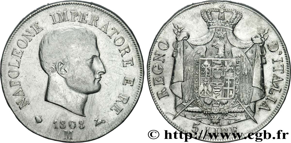 5 lire Napoléon Empereur et Roi d’Italie, 1er type, tranche en relief 1808 Milan M.218  XF 