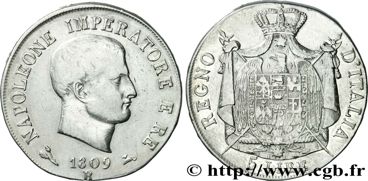 5 lire Napoléon Empereur et Roi d’Italie, 1er type, tranche en relief 1809 Bologne M.77  TTB 