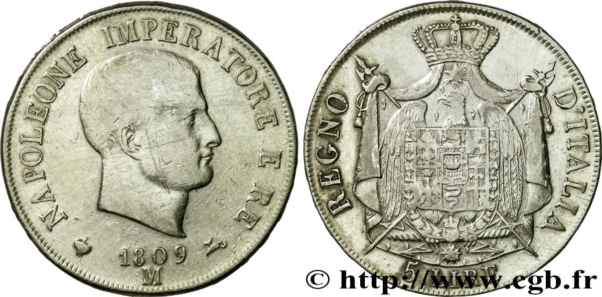 5 lire, 1er type 1809 Milan M.220  TTB 