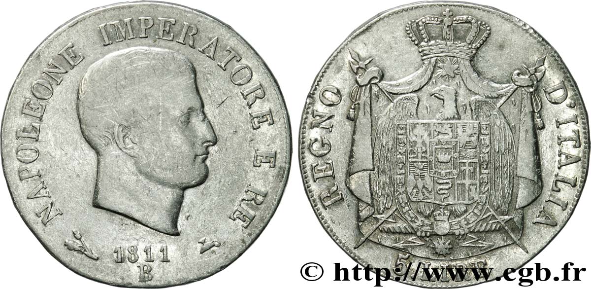 5 lire Napoléon Empereur et Roi d’Italie, 1er type, tranche en relief 1811 Bologne M.80 TTB 