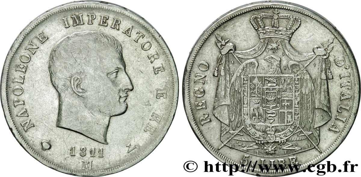 5 lire Napoléon Empereur et Roi d’Italie, 2ème type, tranche en creux 1811 Milan M.224  BB 