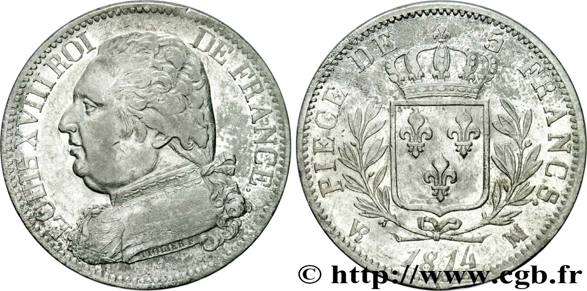 5 francs Louis XVIII, buste habillé 1814 Marseille F.308/10 MBC 