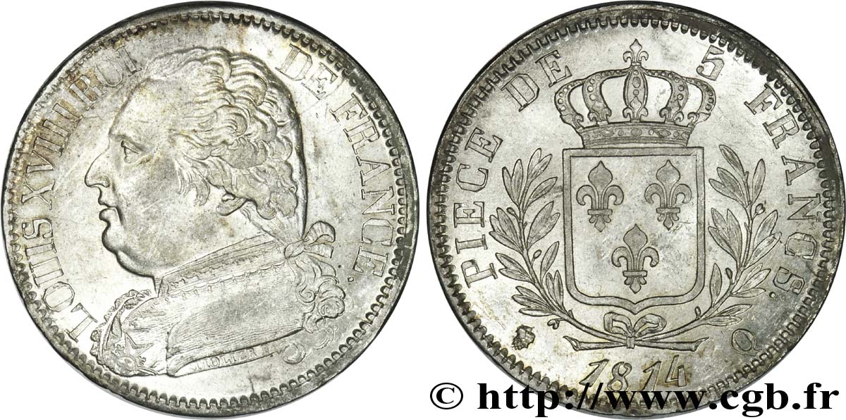 5 francs Louis XVIII, buste habillé 1814 Perpignan F.308/11 SPL 