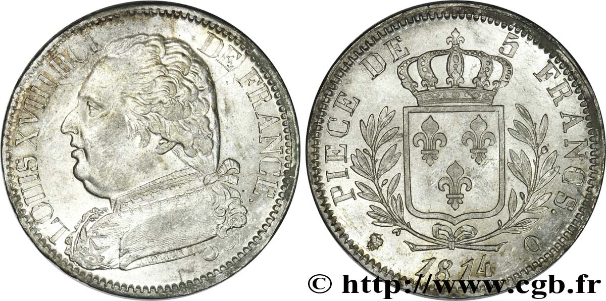 5 francs Louis XVIII, buste habillé 1814 Perpignan F.308/11 SUP 