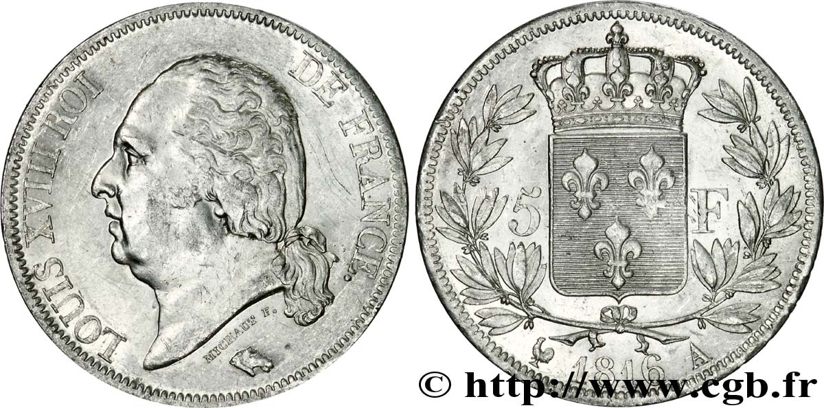 5 francs Louis XVIII, tête nue 1816 Paris F.309/1 AU 