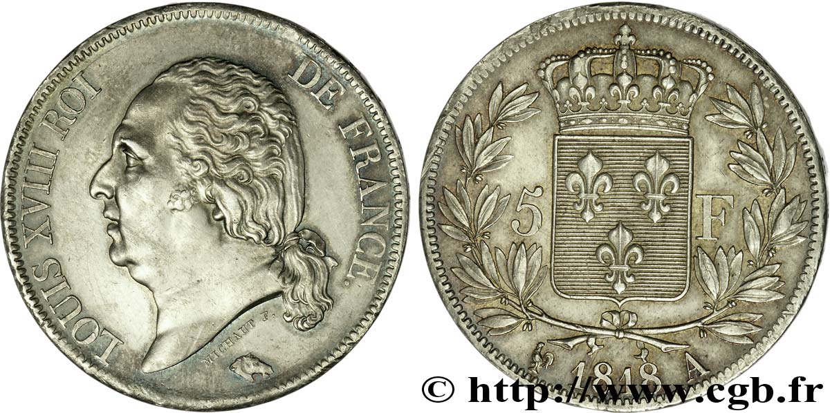 5 francs Louis XVIII, tête nue 1818 Paris F.309/28 AU 