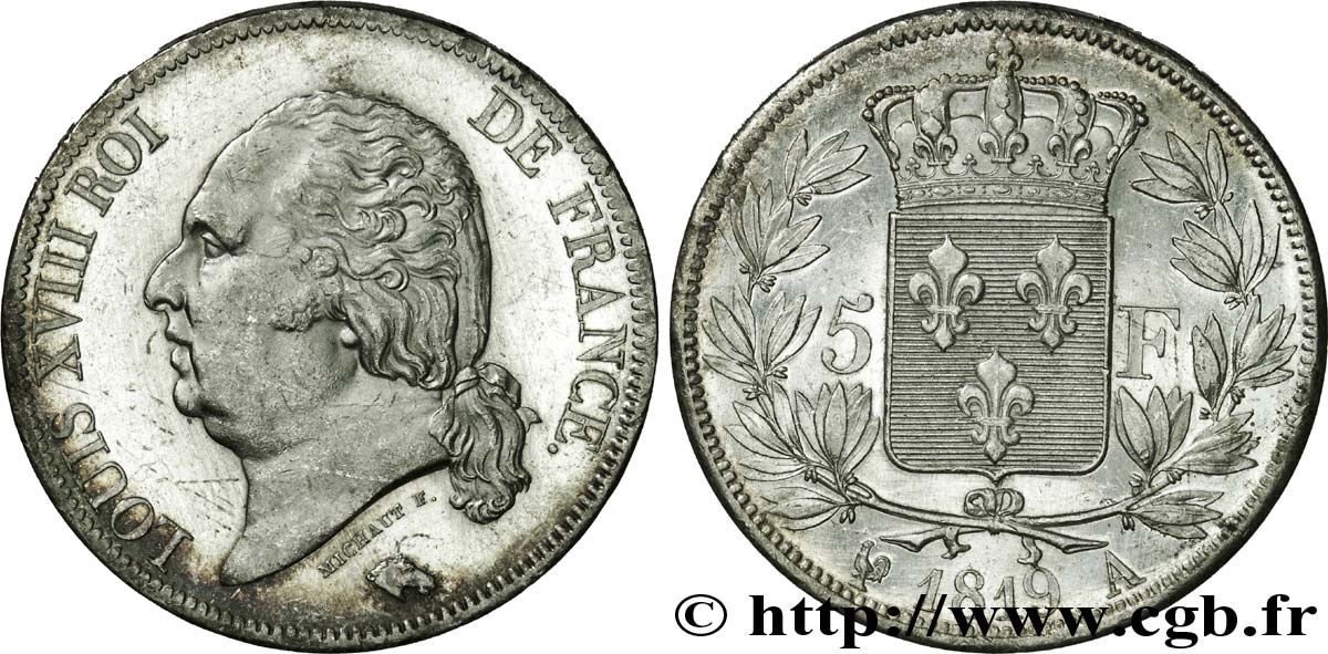 5 francs Louis XVIII, tête nue 1819 Paris F.309/40 AU 