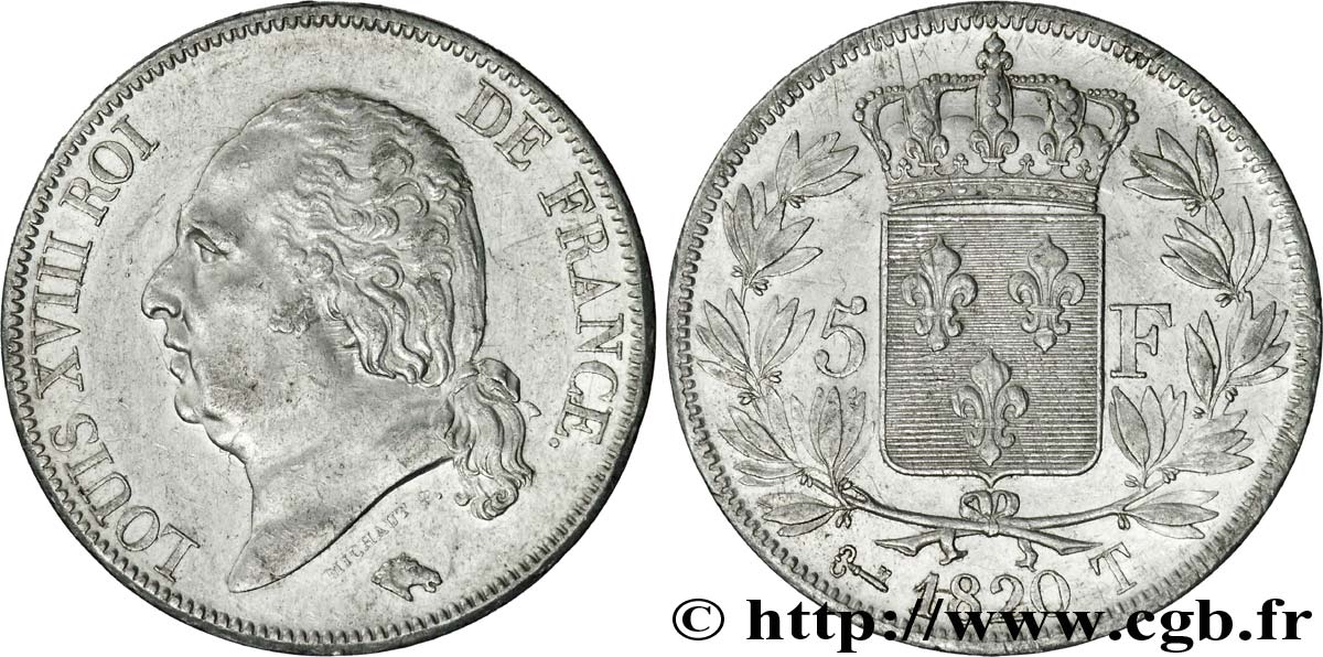 5 francs Louis XVIII, tête nue 1820 Nantes F.309/58 XF 