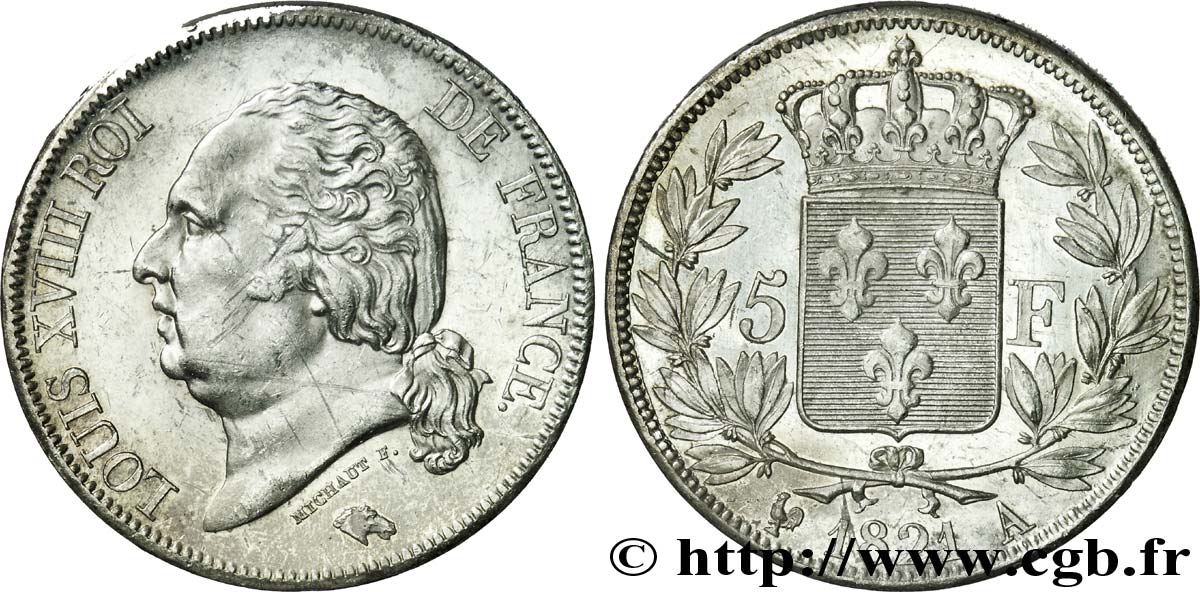 5 francs Louis XVIII, tête nue 1821 Paris F.309/60 AU 