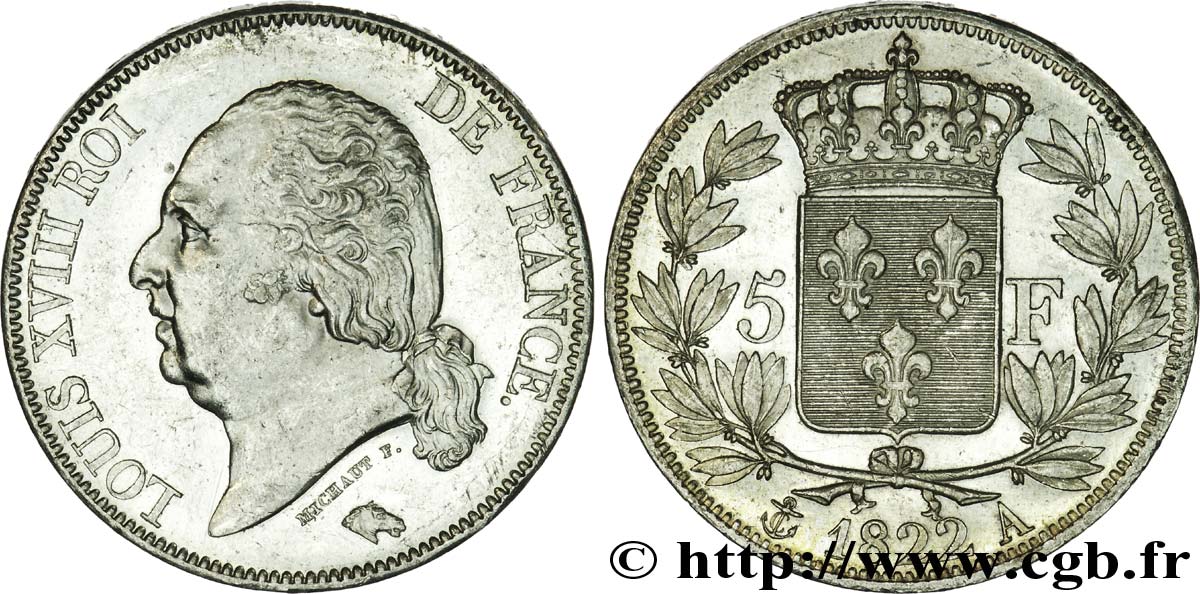 5 francs Louis XVIII, tête nue 1822 Paris F.309/68 AU 