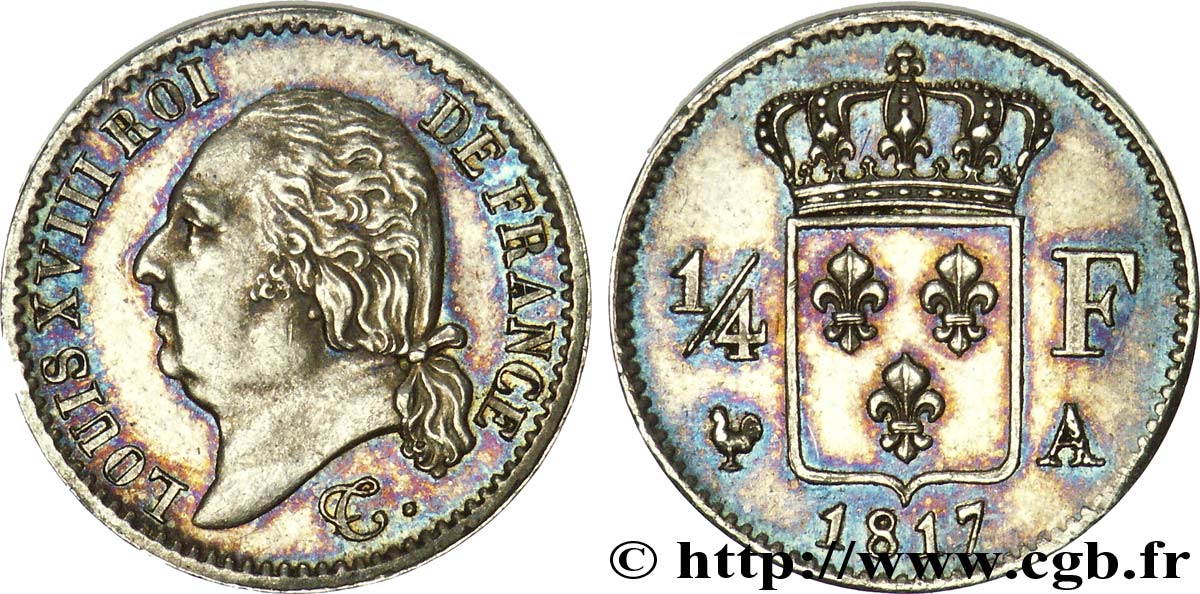 1/4 franc Louis XVIII  1817 Paris F.163/1 AU 