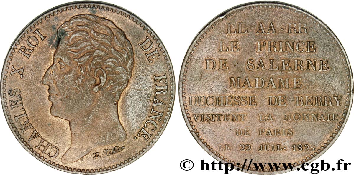 Pièce de plaisir, module de 5 francs, pour la visite de la Monnaie de Paris par le prince de Salerne et la duchesse de Berry 1825 Paris VG.2630  VZ 