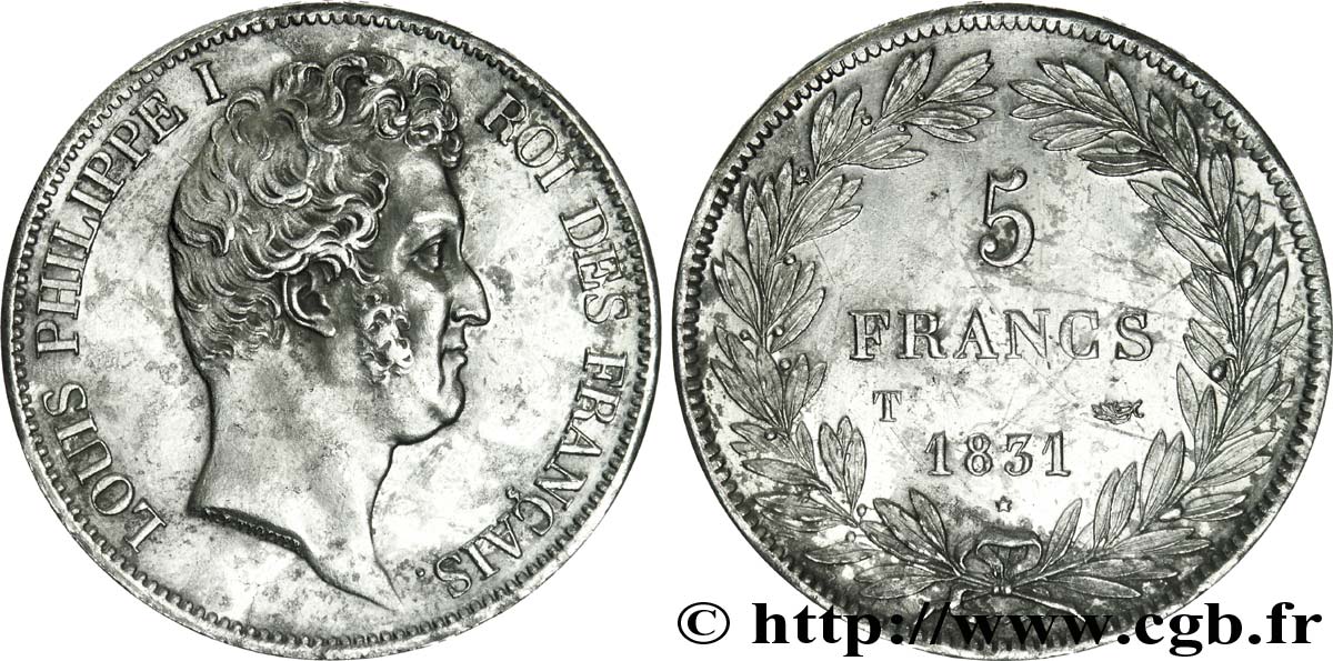 5 francs, type Tiolier avec le I, tranche en creux 1831 Nantes F.315/26 MBC 