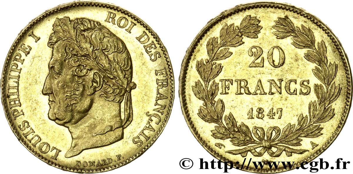 20 francs Louis-Philippe, type Domard 1847 Paris F.527/37 EBC 