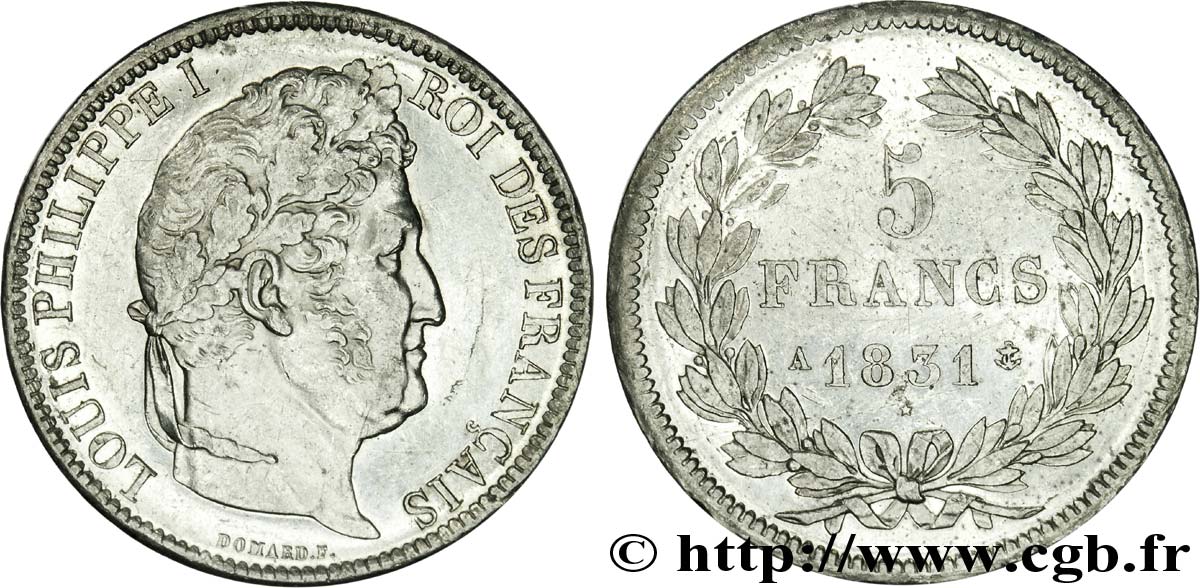 5 francs, Ier type Domard, tranche en relief 1831 Paris F.320/1 EBC 