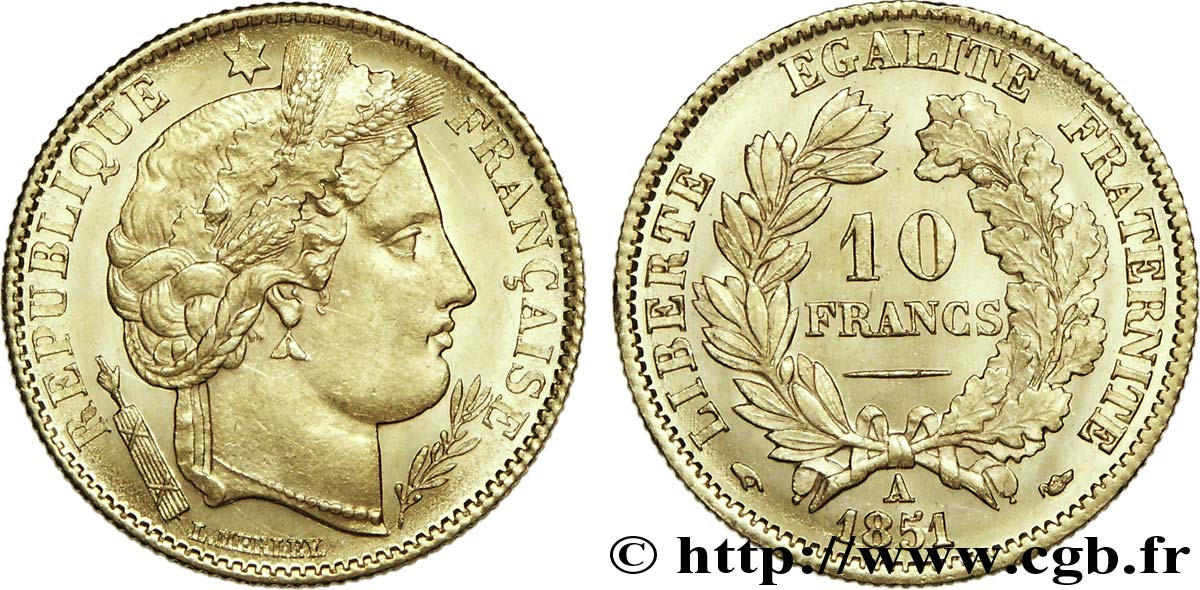 10 francs Cérès Deuxième république, levrette oreille basse, cassure de coin 1851 Paris F.504/3 MS 