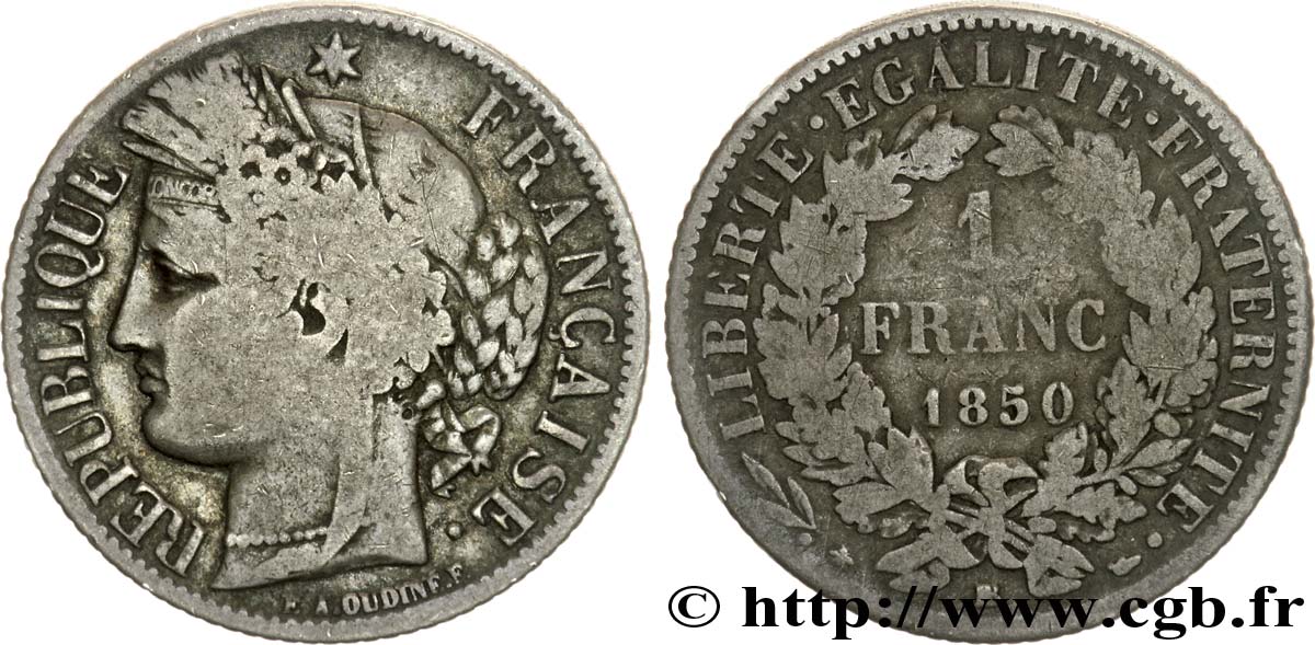 1 franc Cérès, IIe République 1850 Strasbourg F.211/6 BC 