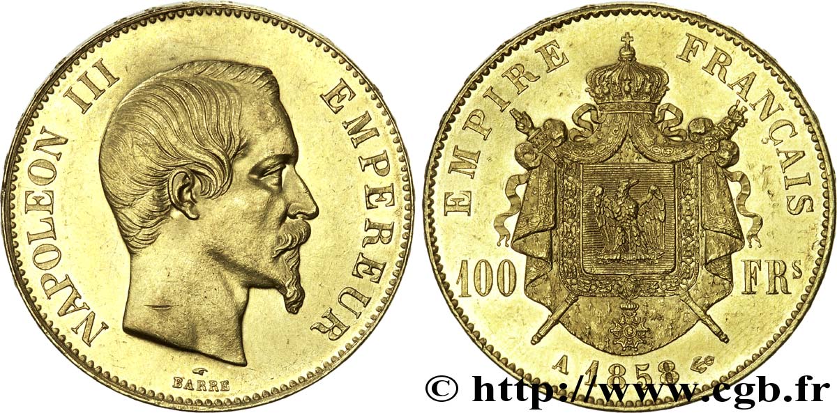 100 francs or Napoléon III, tête nue 1858 Paris F.550/5 XF 
