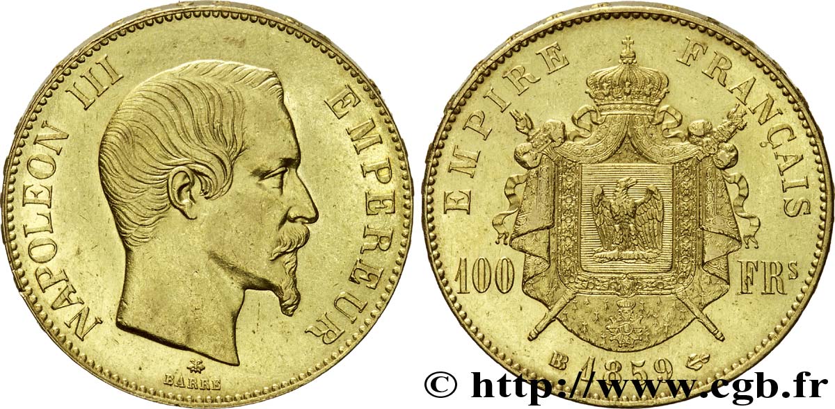 100 francs or Napoléon III, tête nue 1859 Strasbourg F.550/8 MBC 