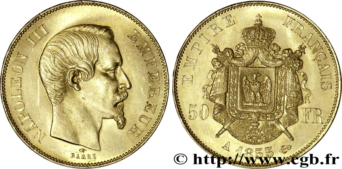 50 francs or Napoléon III, tête nue 1855 Paris F.547/1 EBC 