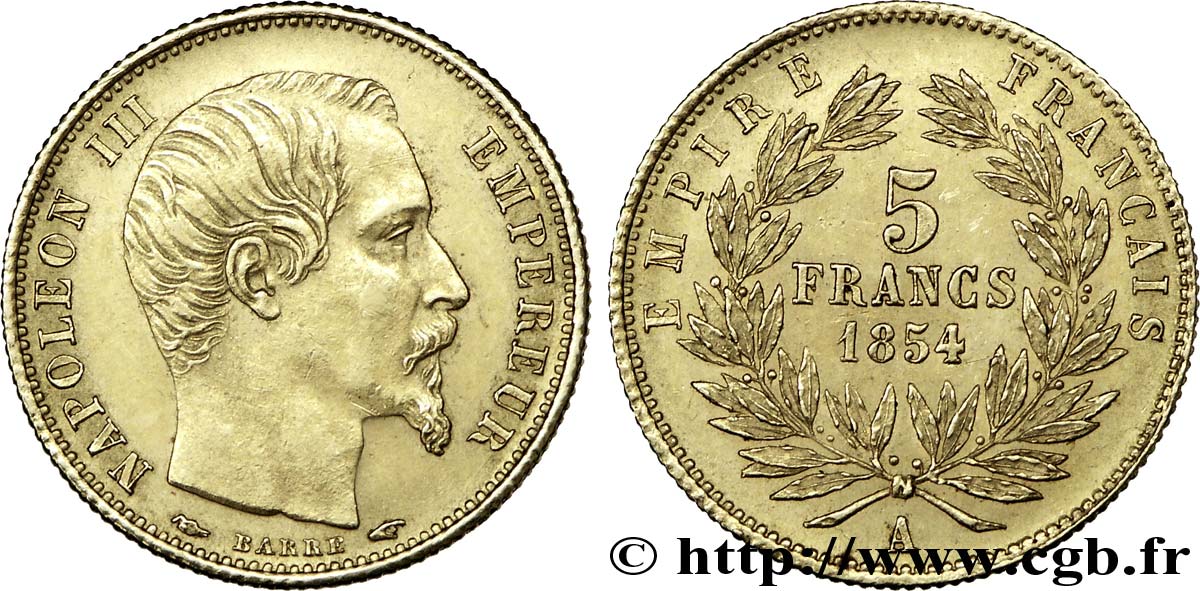 5 francs Napoléon III, tête nue, petit module, tranche cannelée 1854 Paris F.500A/1 EBC 