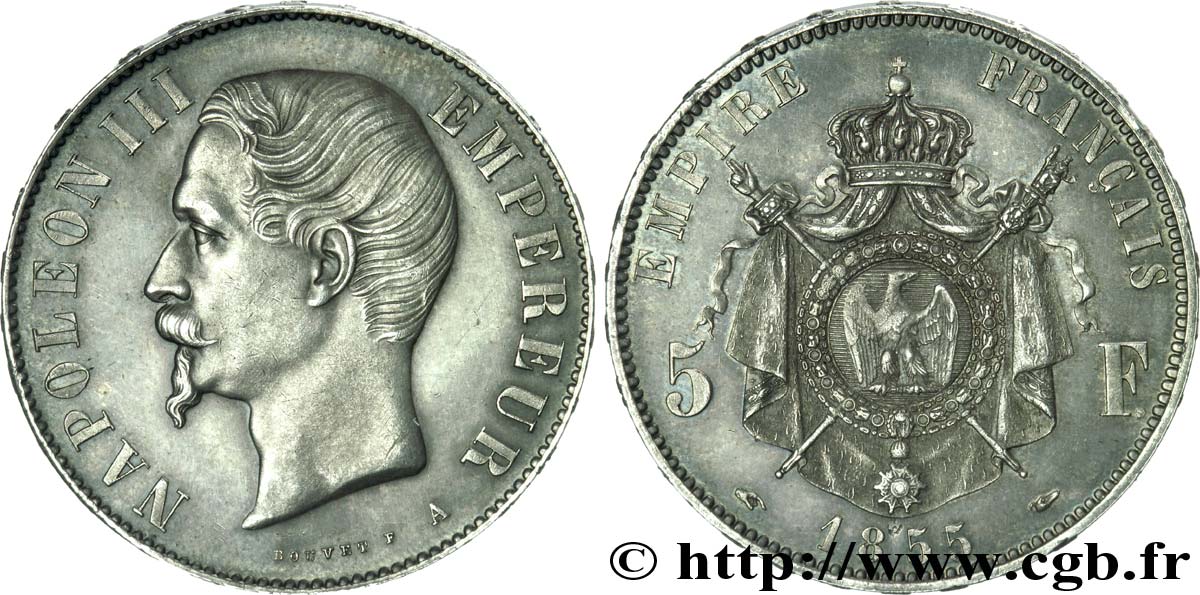 5 francs Napoléon III, tête nue, main-chien 1855 Paris F.330/2 SUP 