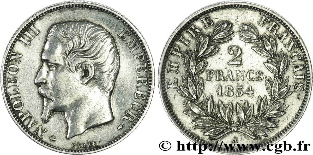2 francs Napoléon III, tête nue 1854 Paris F.262/2 XF 
