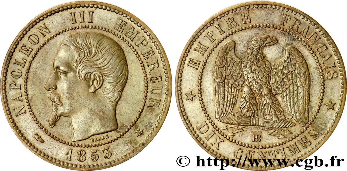 Dix centimes Napoléon III, tête nue 1853 Strasbourg F.133/4 XF 