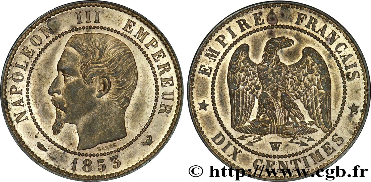 Dix centimes Napoléon III, tête nue 1853 Lille F.133/10 VZ 