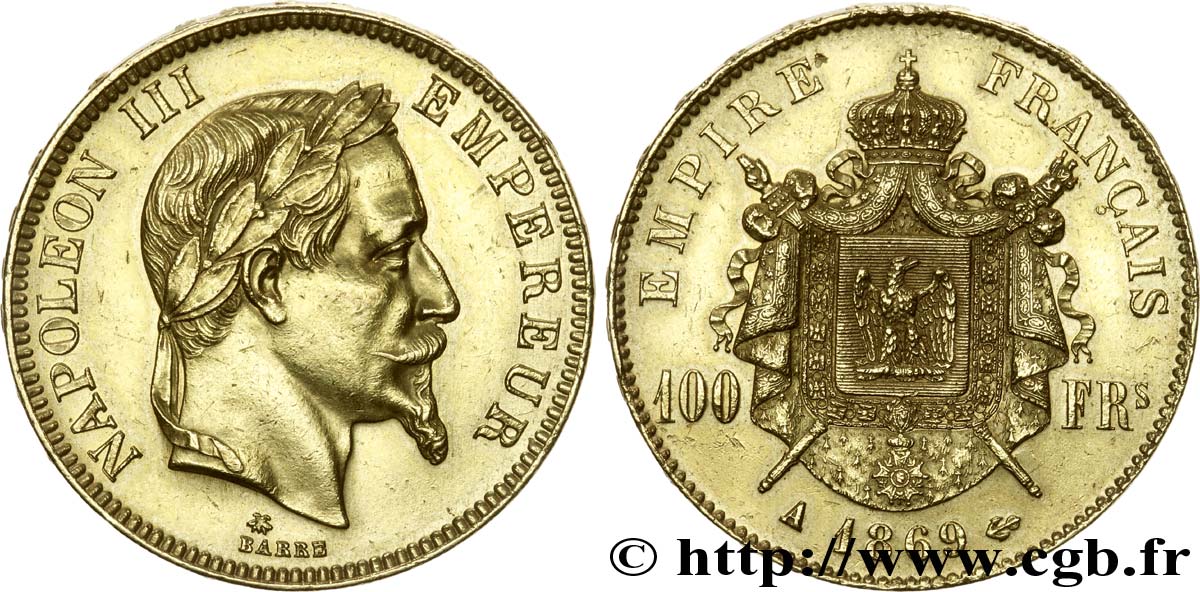 100 francs or Napoléon III, tête laurée 1869 Paris F.551/12 AU 