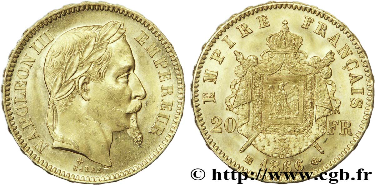 20 francs or Napoléon III, tête laurée 1866 Strasbourg F.532/14 SPL 