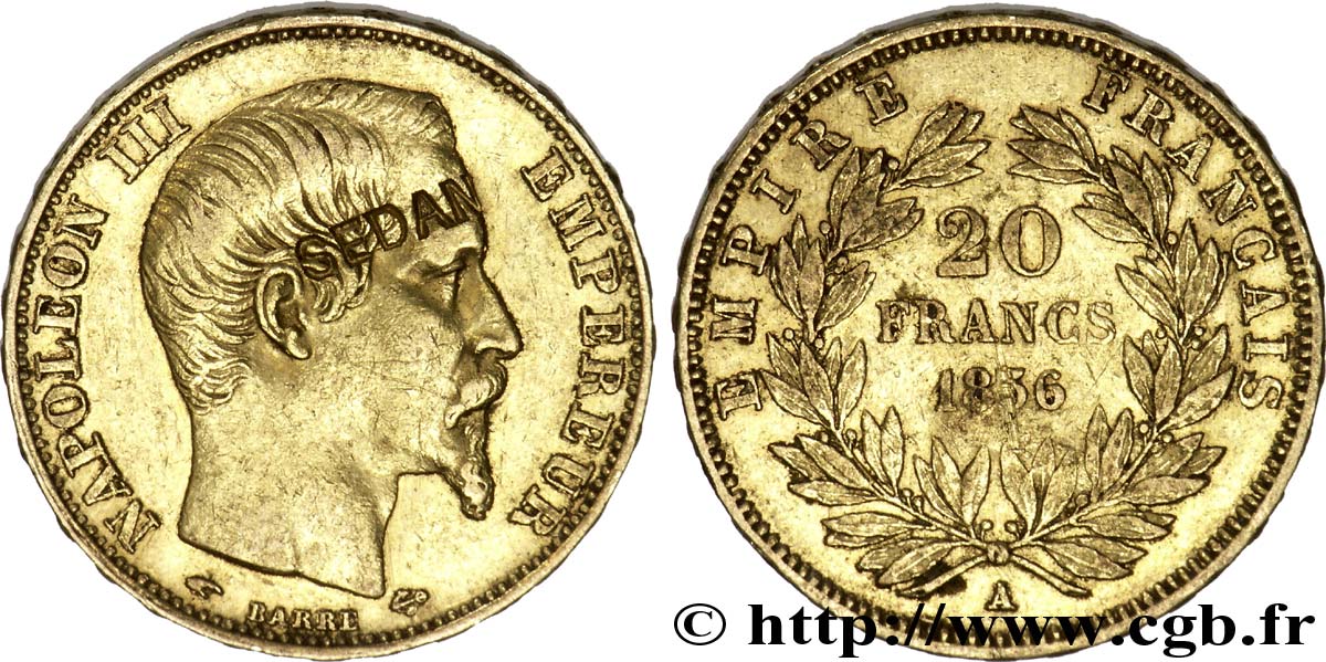 20 francs or Napoléon III, tête nue, contremarqué SEDAN 1856 Paris F.531/9 XF 