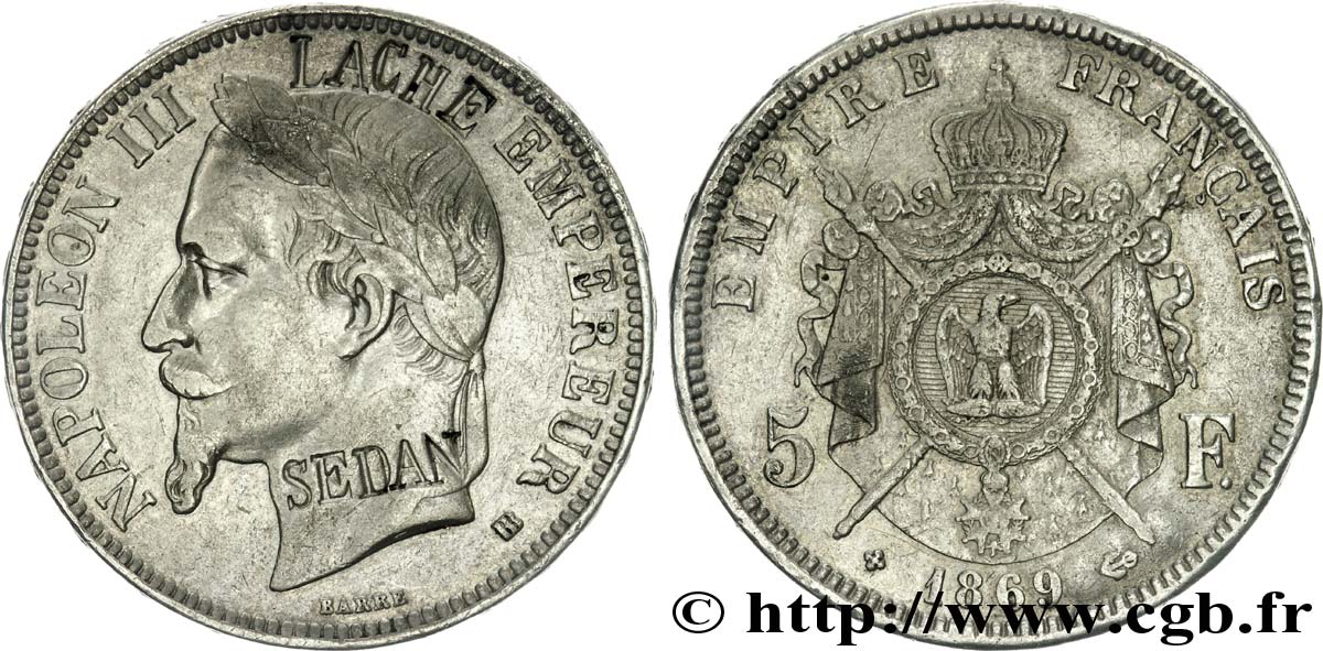 5 francs Napoléon III, tête laurée, contremarqué SEDAN au droit 1869 Strasbourg F.331/15 VF 