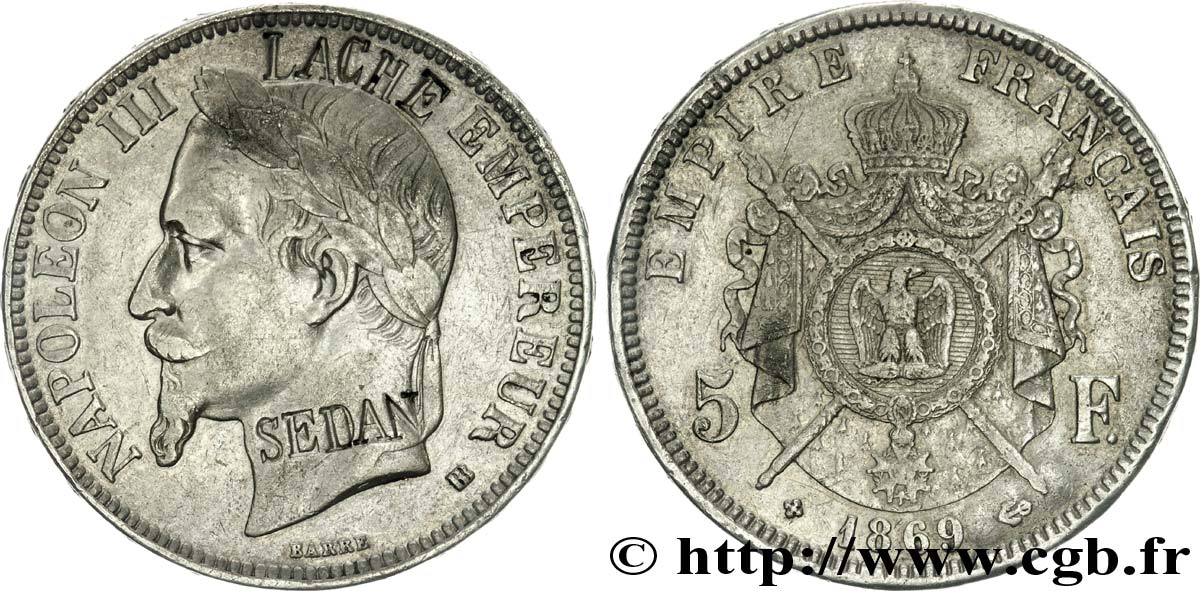 5 francs Napoléon III, tête laurée, contremarqué SEDAN au droit 1869 Strasbourg F.331/15 TB 