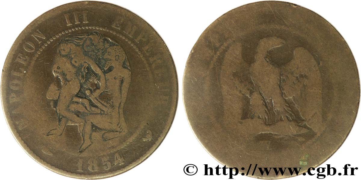 Dix centimes Napoléon III, tête nue, regravure érotique 1854 Lille F.133/18 VG 