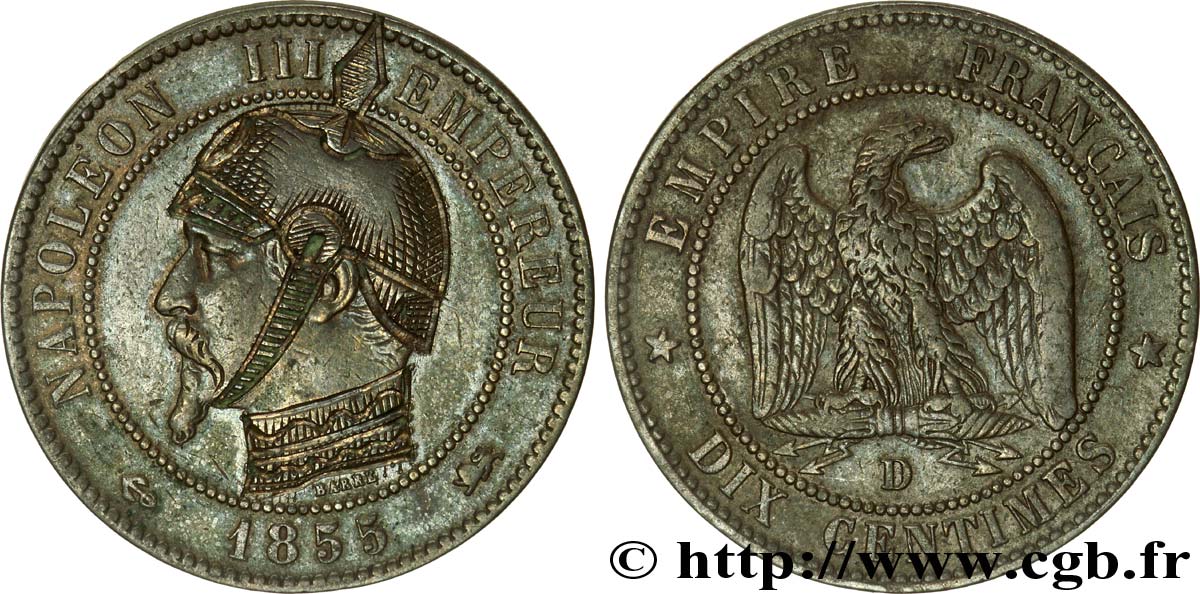Dix centimes Napoléon III, tête nue, différent ancre 1855 Lyon F.133/26 BB 