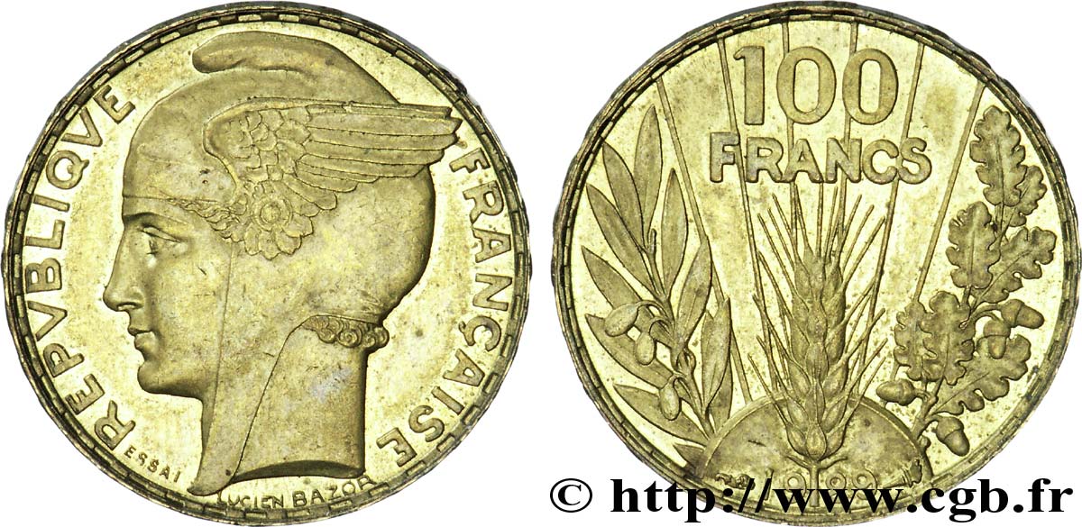 Essai concours de 100 francs en bronze-aluminium de Bazor 1929  VG.5216  SUP 
