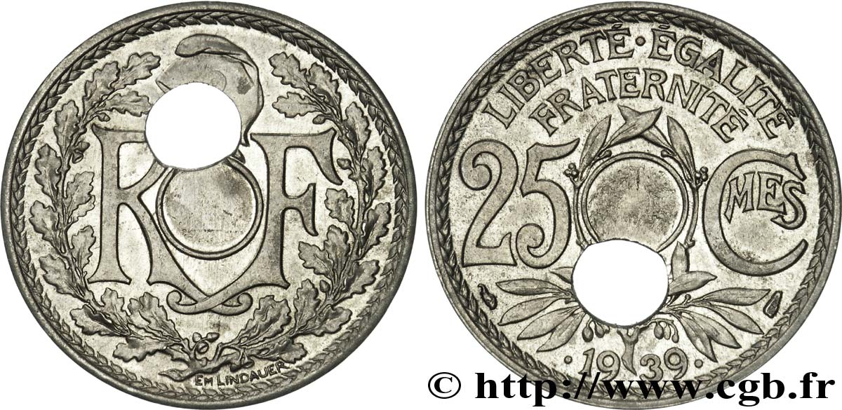 25 centimes Lindauer, Maillechort, trou décentré 1939  F.172/3 VZ 