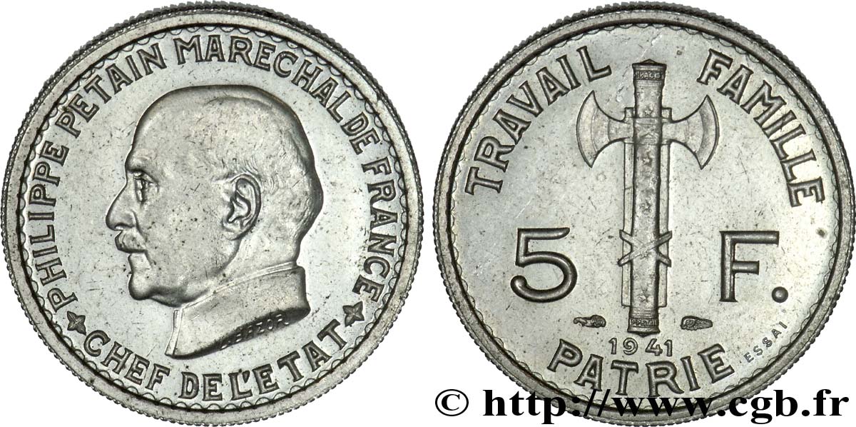 Essai de 5 francs Pétain 1941 Paris F.338/1 SUP 