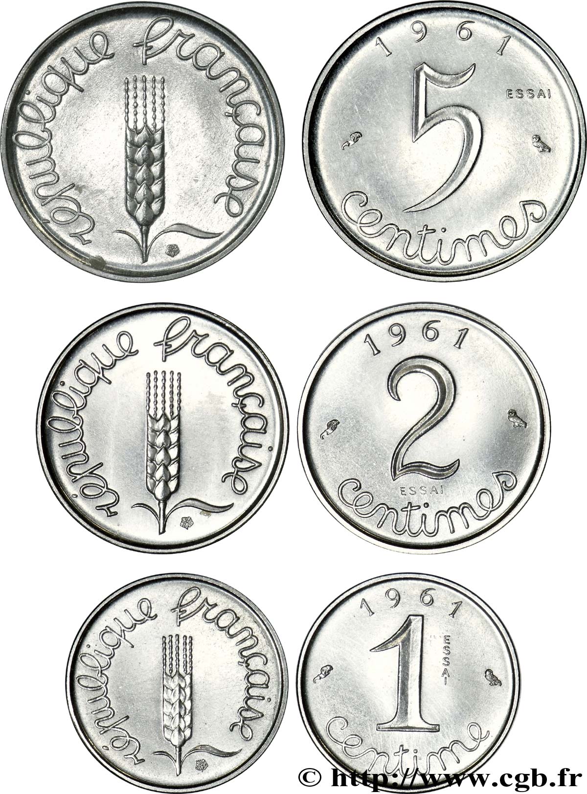 Série de trois essais de 1, 2 et 5 centimes acier, type Épi 1961 Paris F.106/3 SPL 