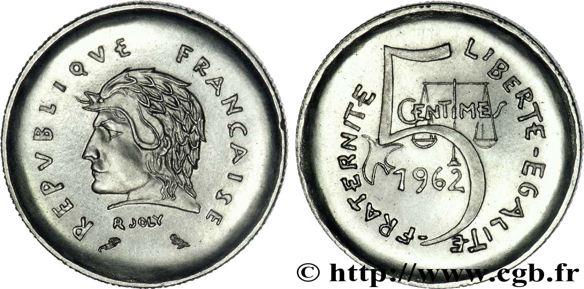 5 centimes, premier projet de Joly 1962 Paris G.172  SPL 