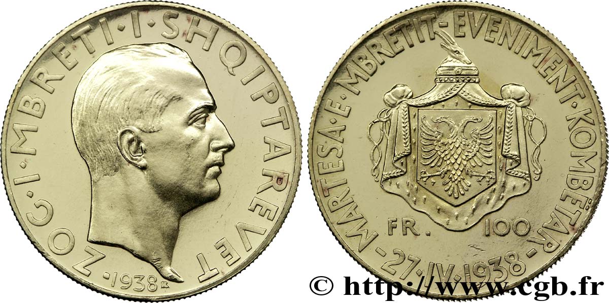 ALBANIA - REPUBLIC, THEN KINGDOM OF ALBANIA - ZOG 100 francs or 1938  MS 