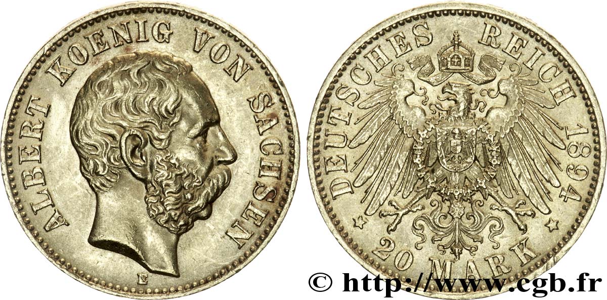 GERMANY - KINDGOM OF SAXONY - ALBERT 20 marks or, 3e type 1894 Muddelhütten AU 