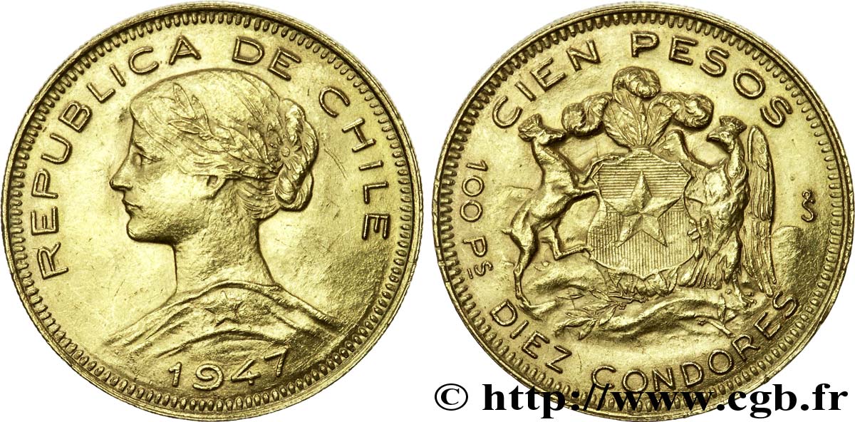 CHILE - REPUBLIC 100 pesos or ou 10 condores en or, 2e type 1947 Santiago AU 