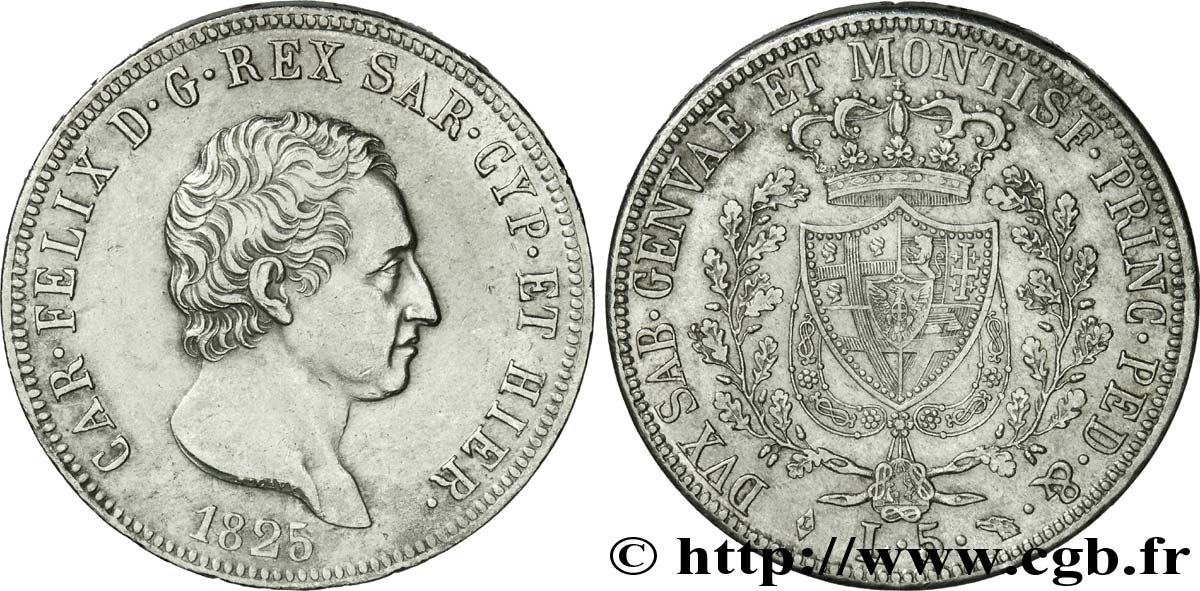 ITALY - KINGDOM OF SARDINIA - CHARLES-FELIX 5 lire 1825 Turin XF 
