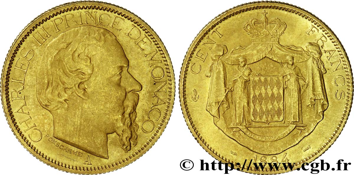 MONACO - PRINCIPAUTÉ DE MONACO - CHARLES III 100 francs or 1884 Paris BB 