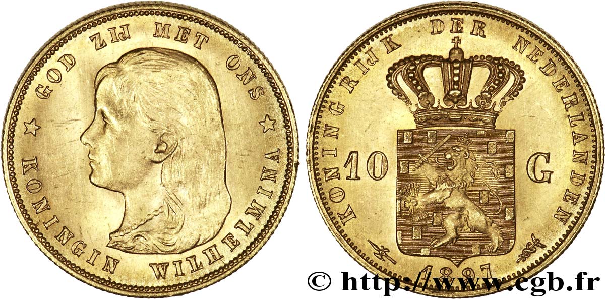 NETHERLANDS - KINGDOM OF THE NETHERLANDS - WILHELMINA 10 gulden or 1897 Utrecht AU 