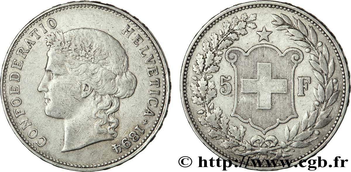SWITZERLAND - HELVETIC CONFEDERATION 5 francs 1894 Berne VF 