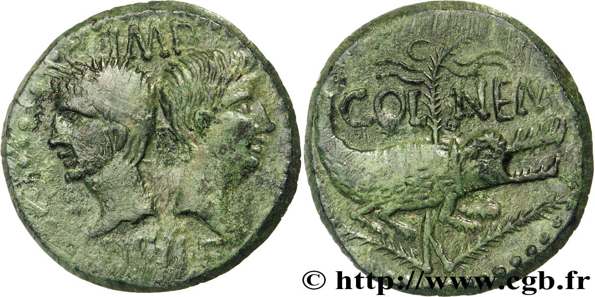 NEMAUSUS - NISMA - AUGUSTO e AGRIPPA Dupondius COL NEM (as), Agrippa barbu XF/AU