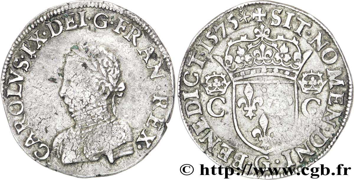 HENRY III. COINAGE IN THE NAME OF CHARLES IX Teston, 2e type 1575 Poitiers XF